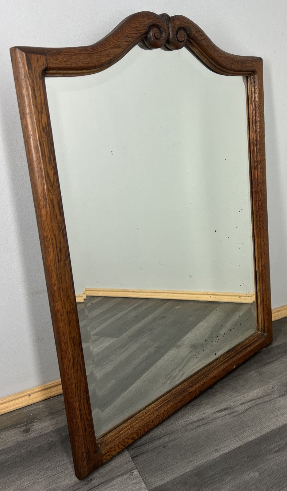 Vintage French Oak Wall Mirror with Carved Scroll Crest Wall Decor LOT 43790