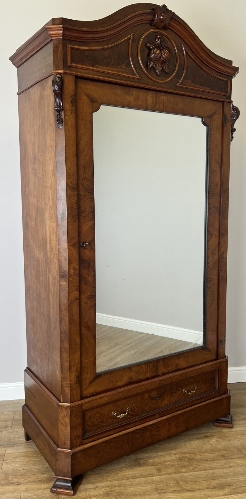 Wardrobe Antique French Style Burr Walnut Mirrored Carved Armoire LOT 6512