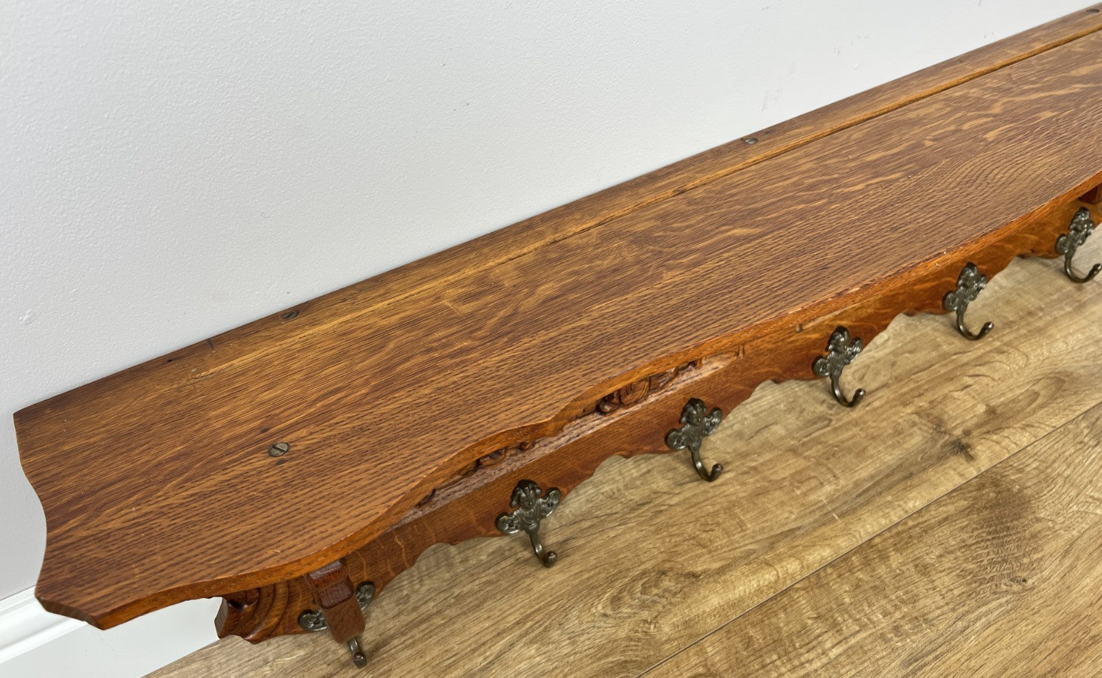 Coat Rack Vintage French Carved Oak Wall Mounted 6 Hooks Rack Hanger LOT 620510