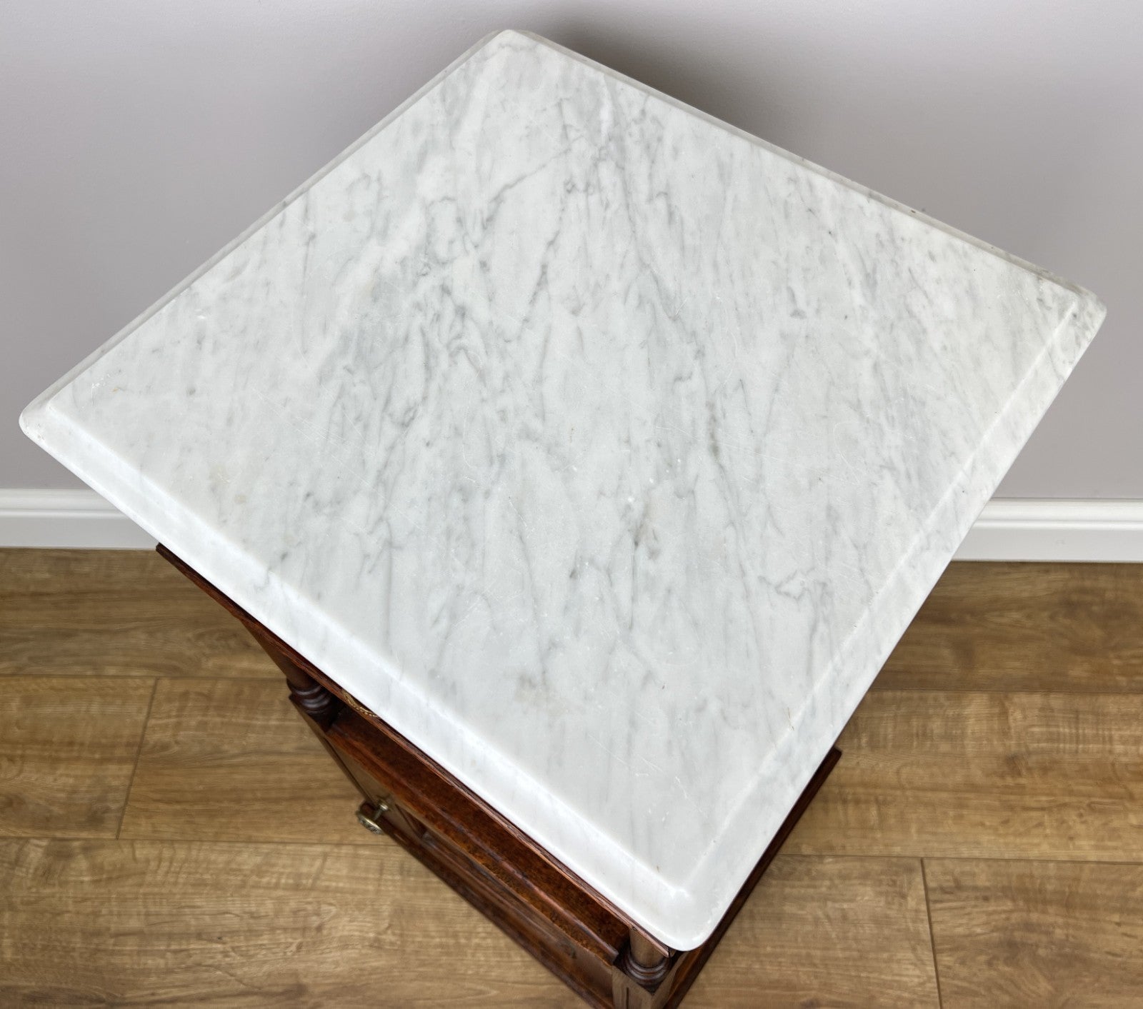 Pair of Bedside Tables Antique French Marble Top Carved Oak Cabinets LOT 49169