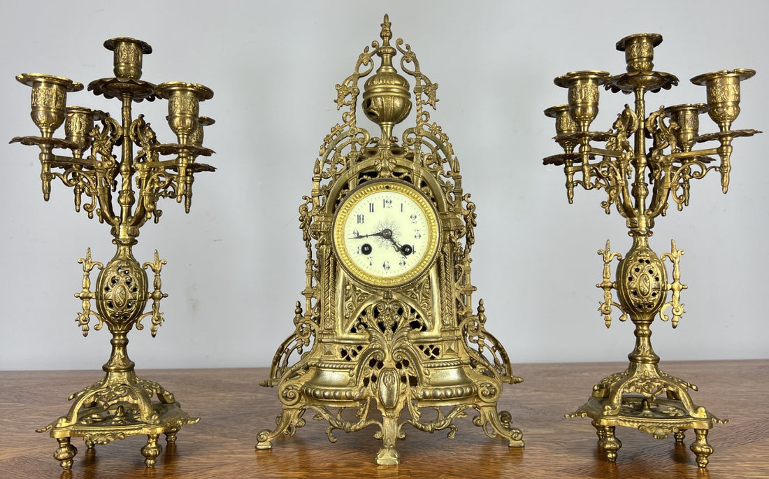 Mantel Clock Vintage French Style Architectural Brass Garniture Set LOT 46450