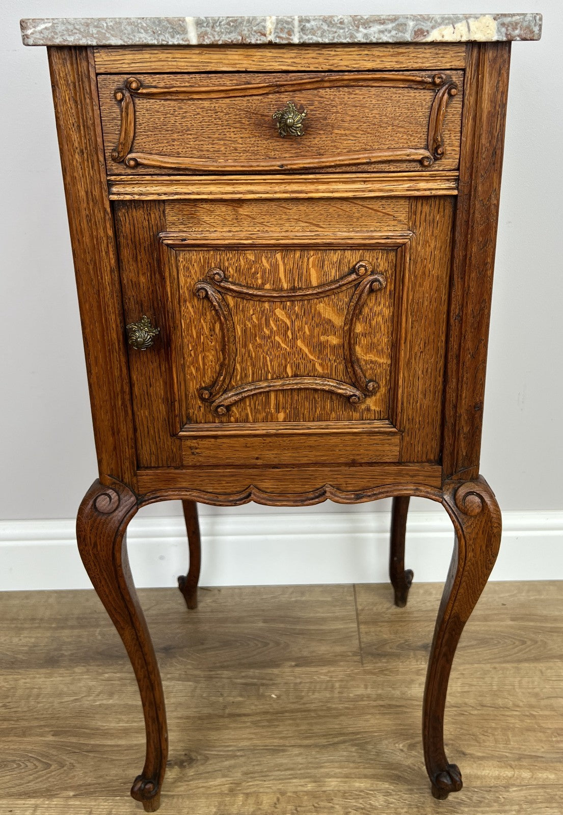 Bedside Table Antique French Marble Top Oak Cabinet Carved Cupboard LOT 63941