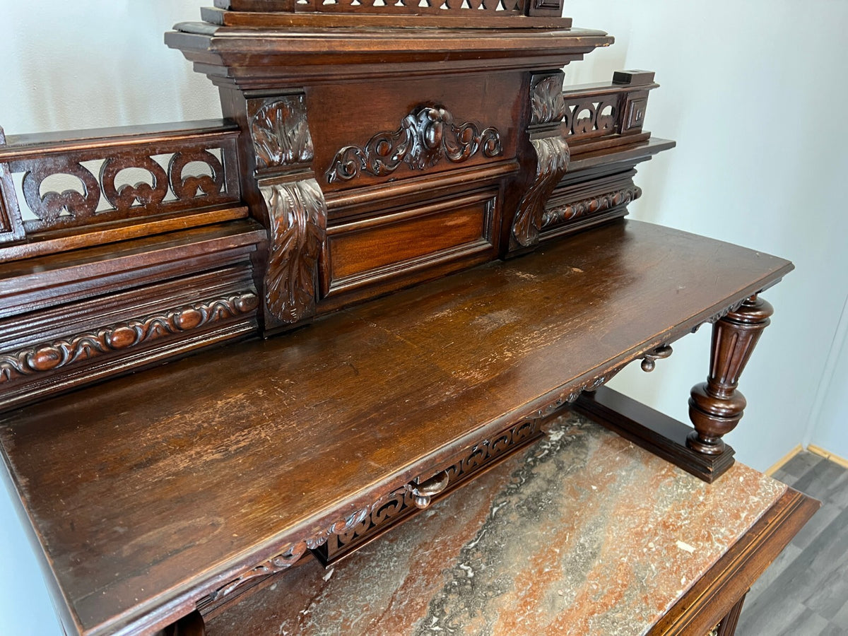 Sideboard Antique French Style Walnut Marble Display Cabinet Cupboard LOT 357613