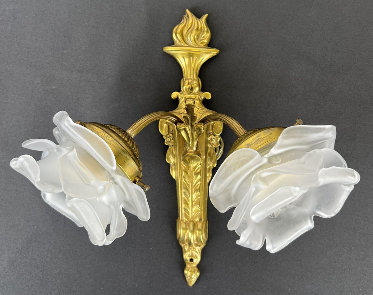 Pair of Wall Lights Vintage French Ornate Double Arm Glass Sconces LOT 6477