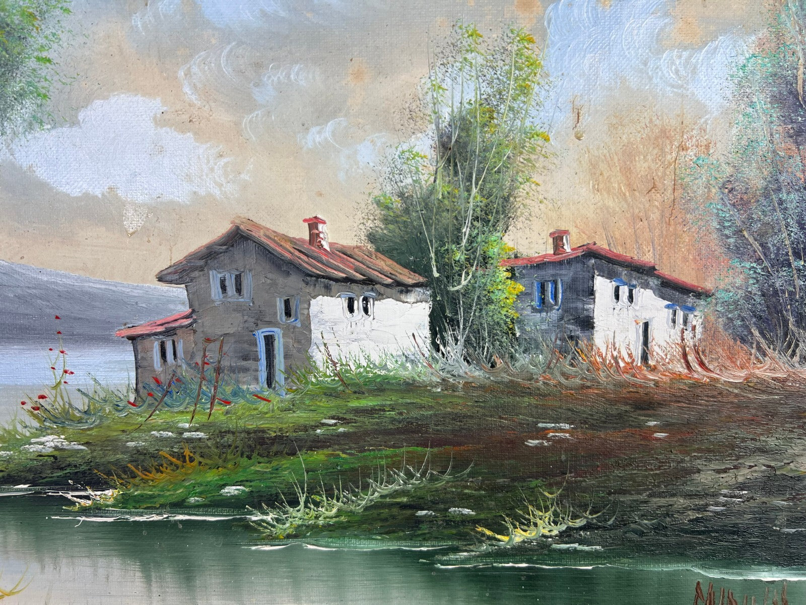 Vintage French Oil Painting Lake Mountain Scene Signed Framed Art LOT 50517