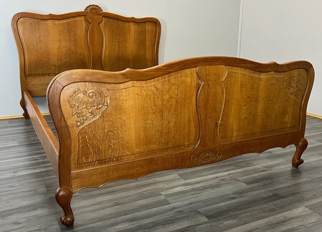 Bed Vintage French Louis XVI Oak Double Bed Frame Carved Headboard LOT 29960