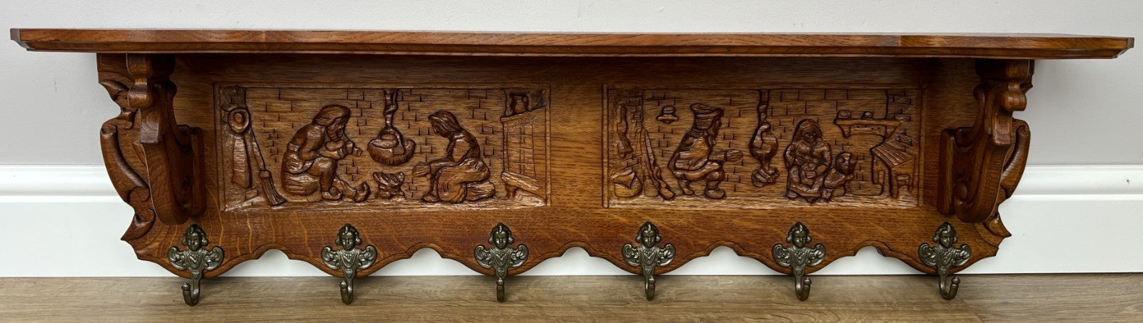 Coat Rack Vintage French Carved Oak Wall Mounted 6 Hooks Rack Hanger LOT 62051