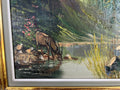 Painting Vintage Oil Landscape Mountain Deer Signed Framed Carved LOT 51138