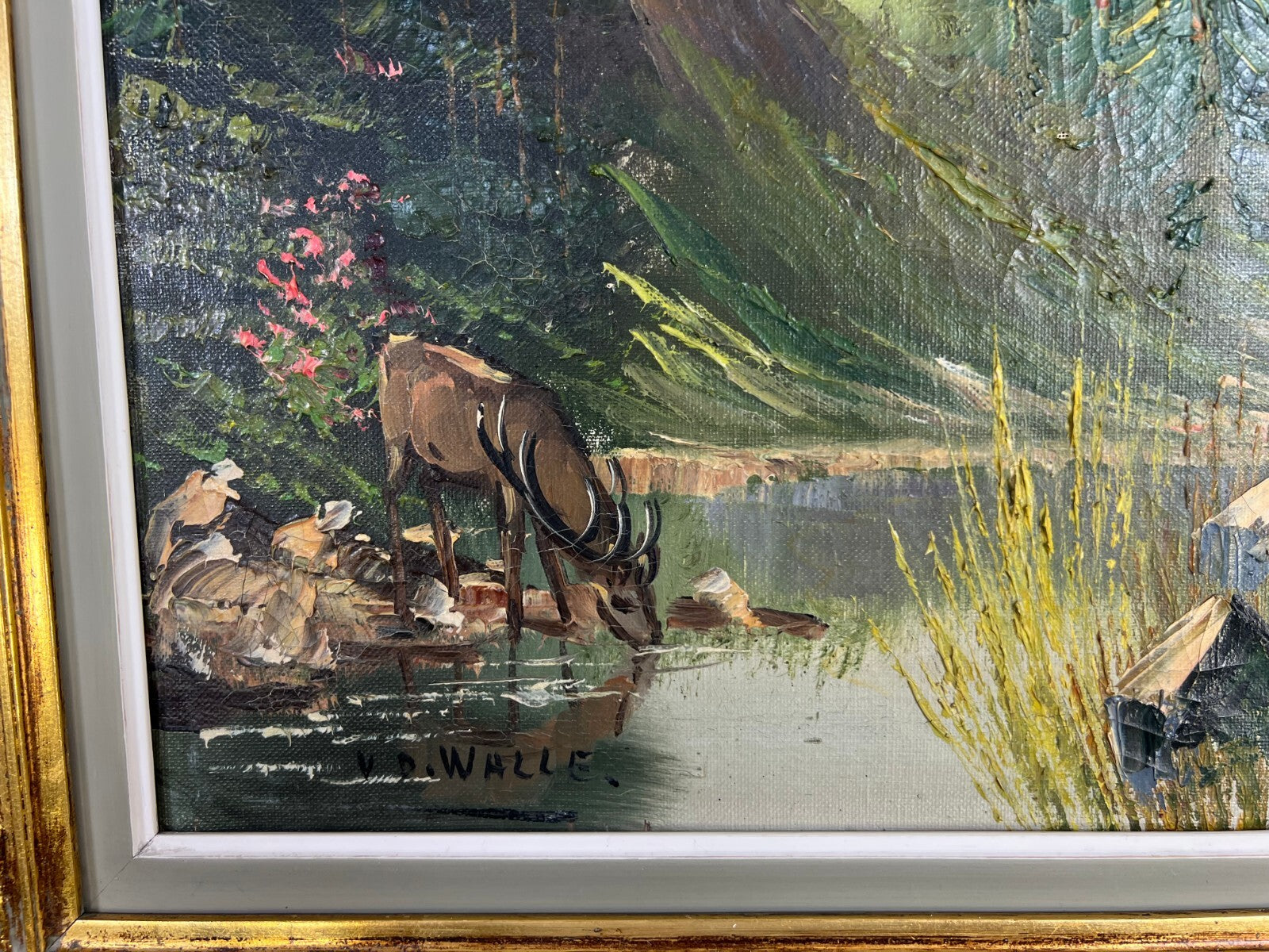 Painting Vintage Oil Landscape Mountain Deer Signed Framed Carved LOT 51138