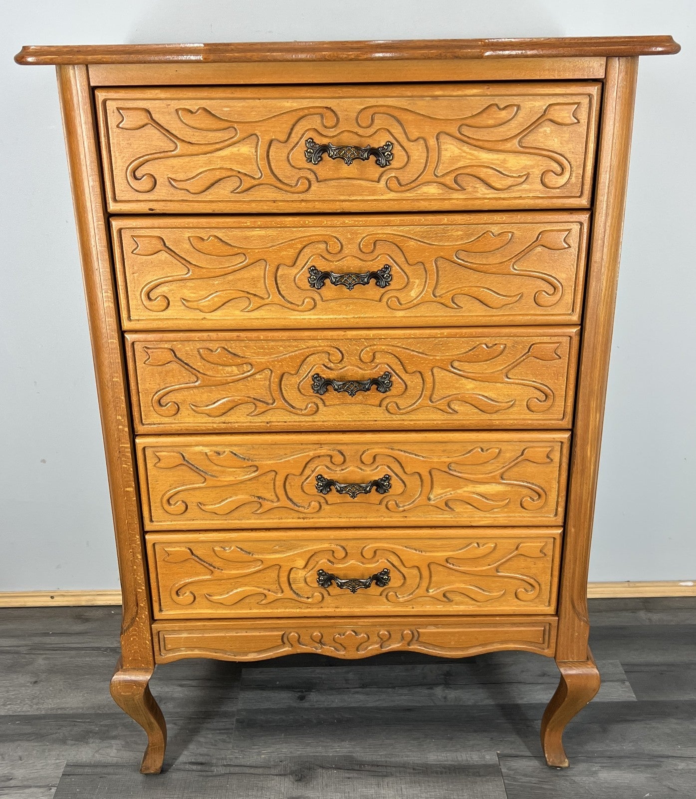 Chest of Drawers Vintage French Louis XVI 5 Drawers Carved Tall Cabinet LOT 45002