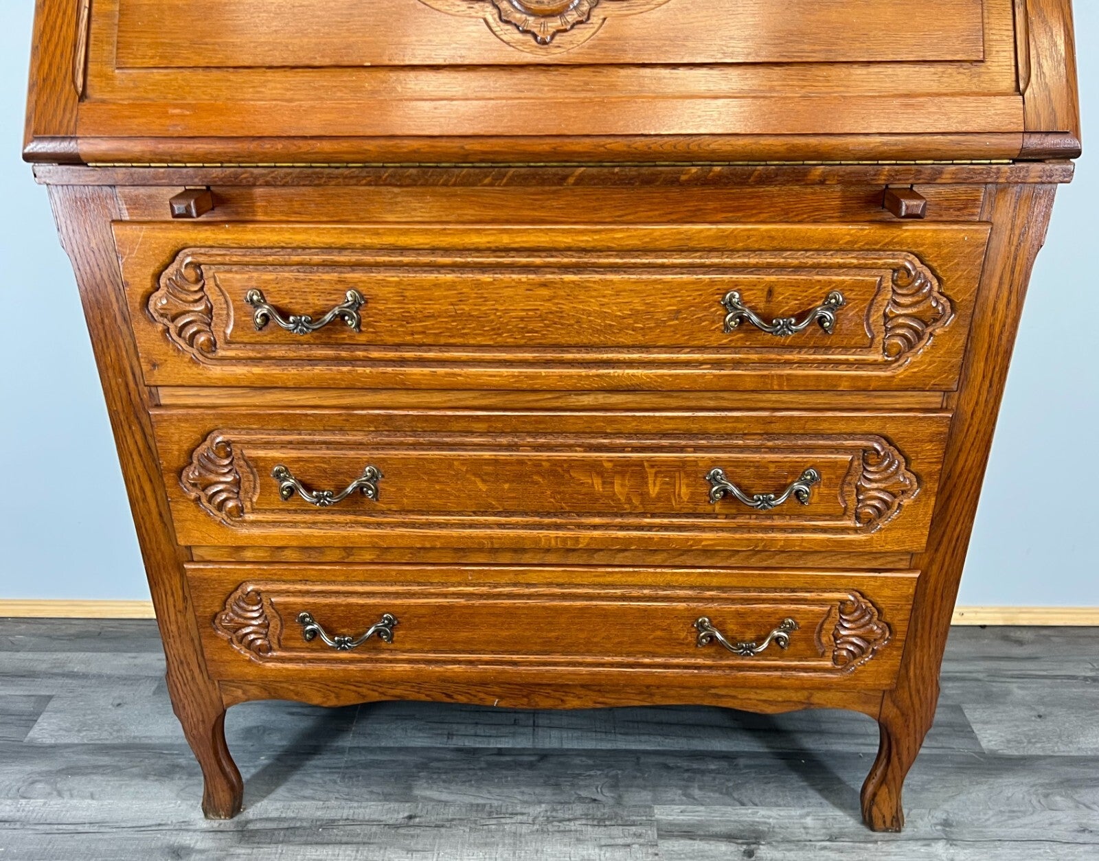 Secretaire Writing Desk Vintage French Oak Bureau Carved Cabinet LOT 37554