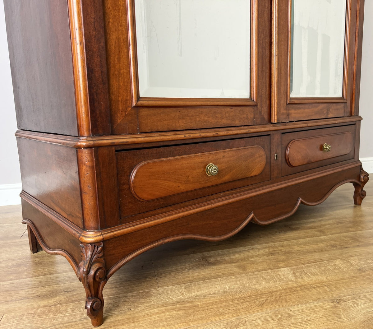 Wardrobe Antique French Style Walnut Mirrored Two Door Carved Armoire LOT 6538