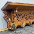 French Vintage Coat Rack Oak 6 Hooks Wall Shelf Carved Coat Hanger LOT 44953