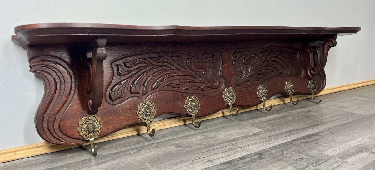 French Vintage Coat Rack Oak 7 Hooks Ornate Wall Shelf Carved Coat LOT 3885