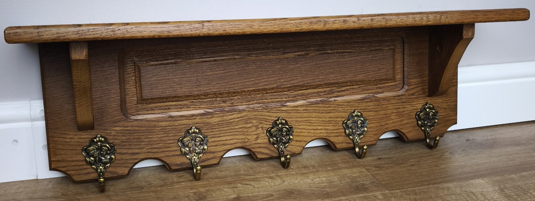 French Vintage Coat Rack Oak 5 Hooks Wall Shelf Carved Coat Hanger LOT 49940