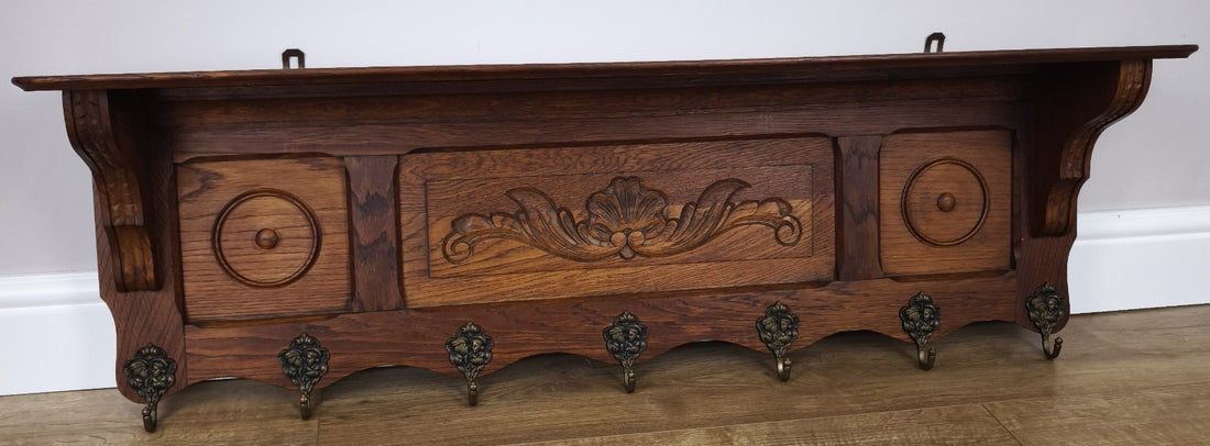 French Vintage Coat Rack Oak 7 Hooks Wall Shelf Carved Coat Hanger LOT 49920