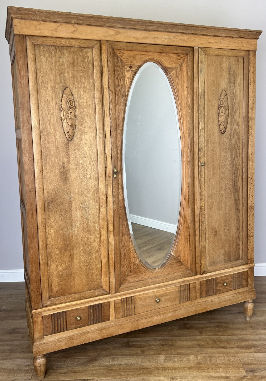Wardrobe Vintage French Oak Triple Door Mirrored Carved Armoire Cabinet LOT 61011