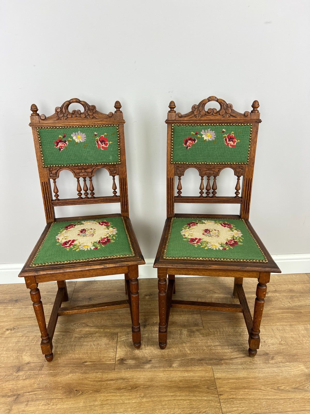Pair of Chairs Antique French Style Oak Floral Upholstered Chairs LOT 6515