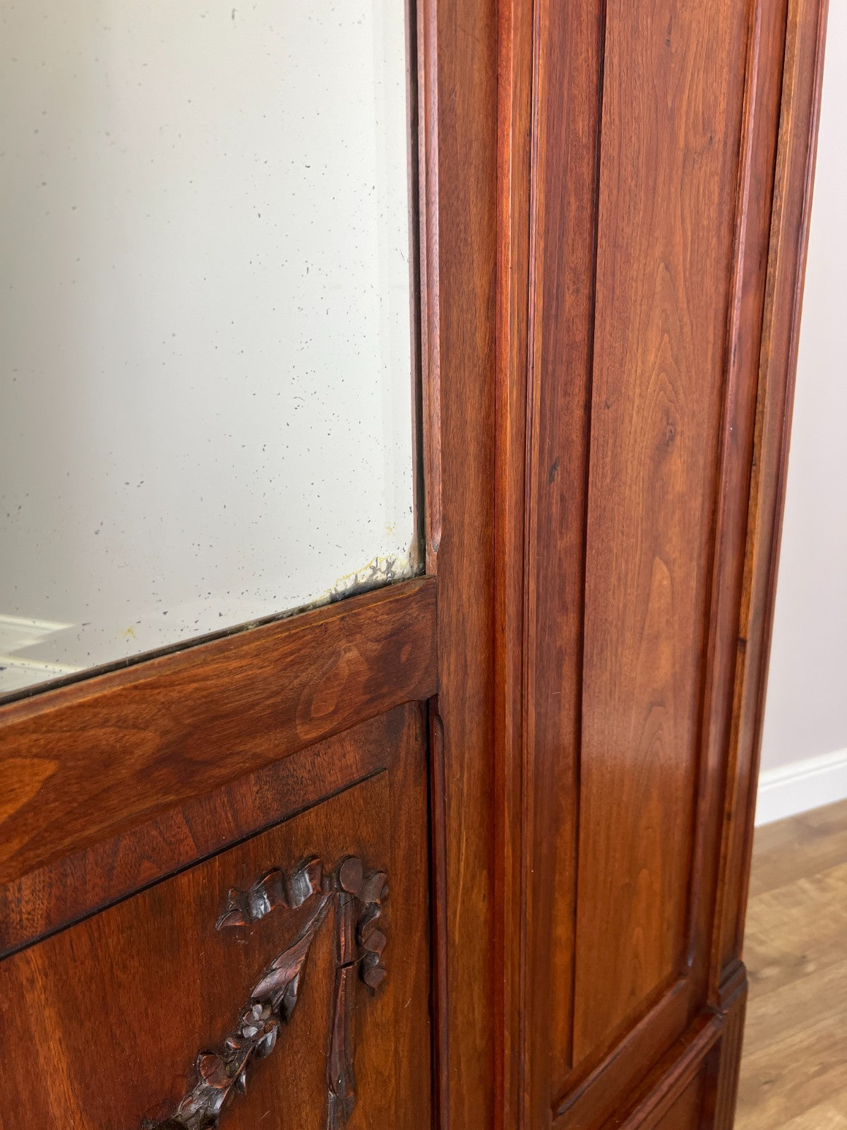 Wardrobe Antique French Walnut Two Door Mirrored Carved Armoire Cabinet LOT 608311