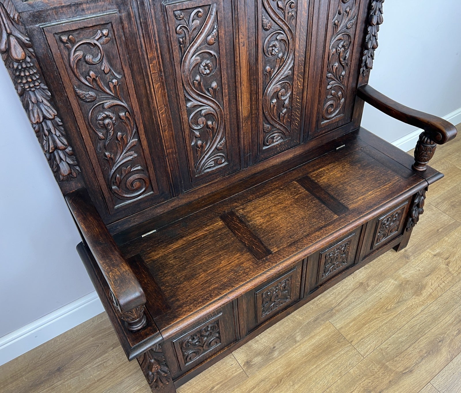 Monks Bench Antique French Style Oak Storage Hall Seat Coffee Bench LOT 62984