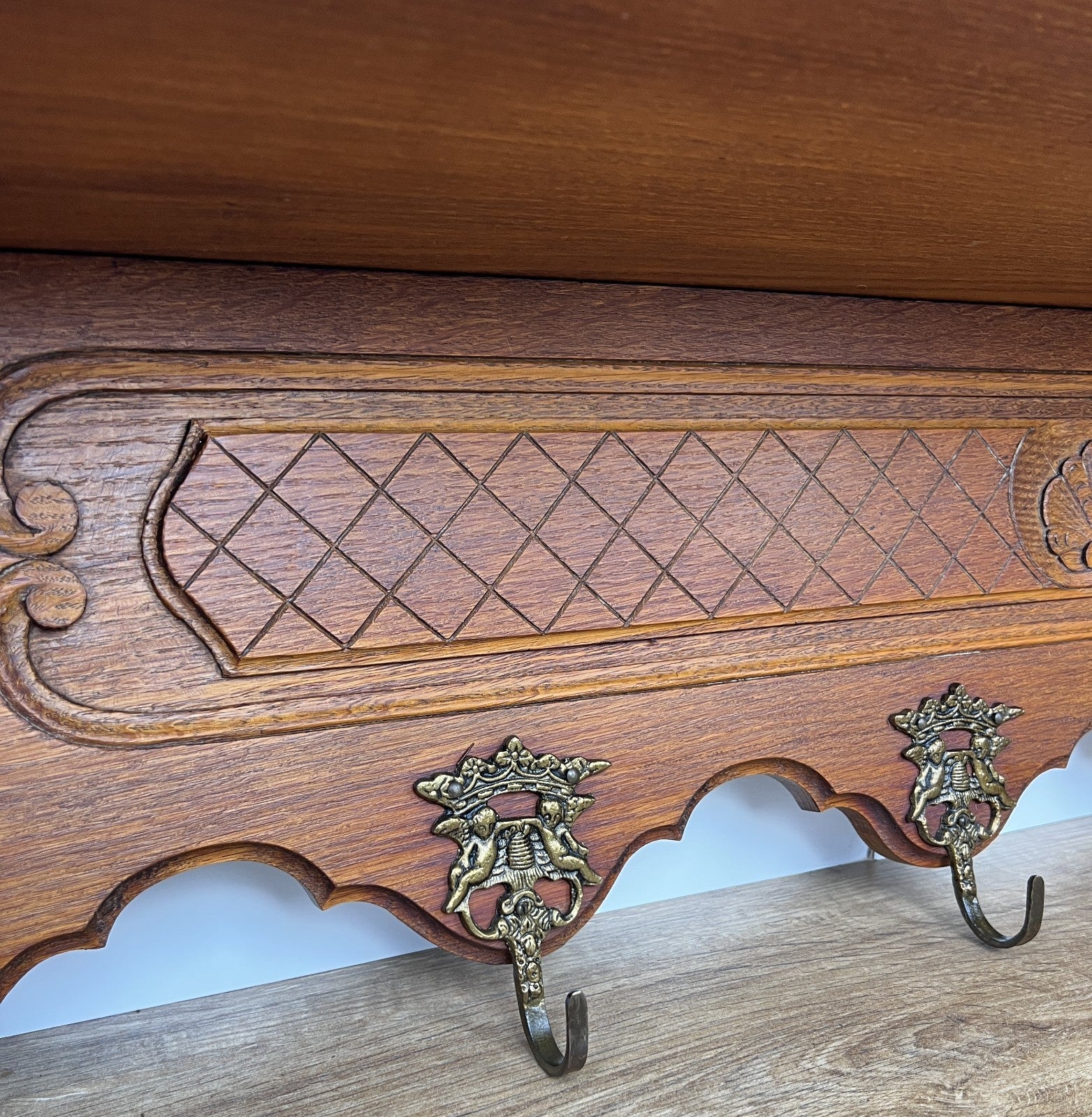 Coat Rack Vintage French Oak Wall Mounted 6 Hooks Carved Rack Hanger LOT 62066