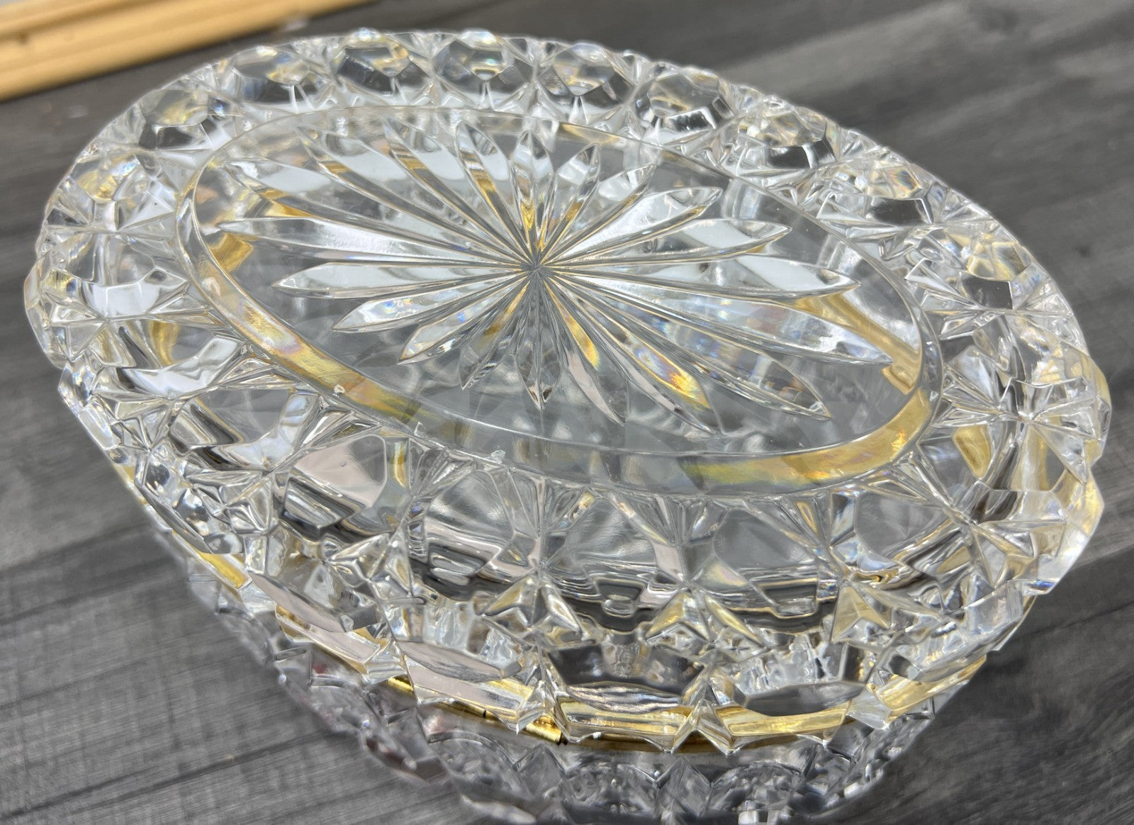 Vintage French Crystal Box Cut Glass with Brass Trim Oval Trinket Dish LOT 44124