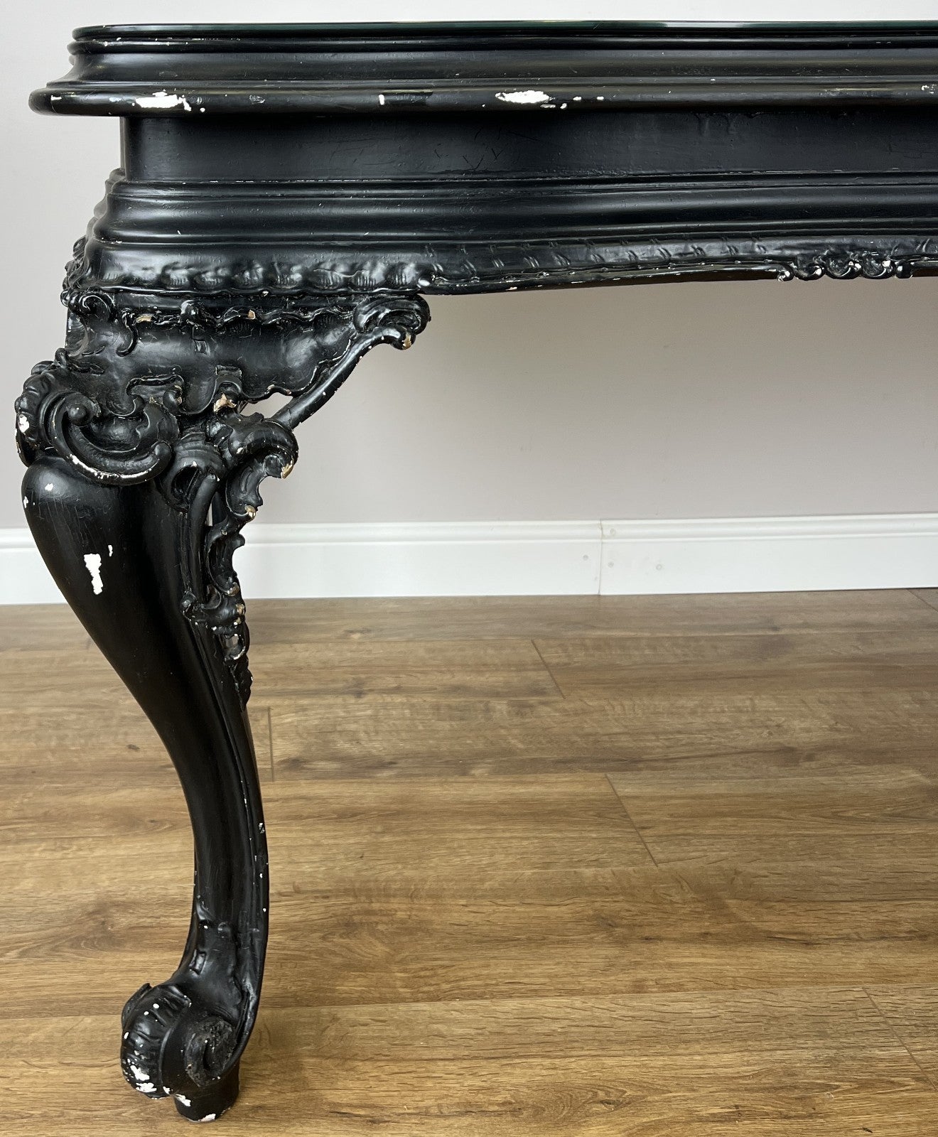 Double Sided Desk Antique French Style Black Painted Heavy Carved Table LOT 61866