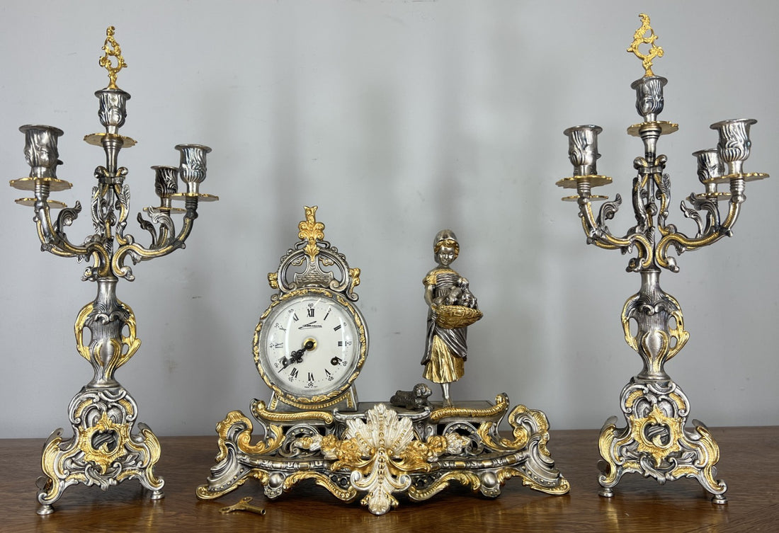 Lancini Imperial Ormolu Gilt Brass Mantle Clock with Candelabras  LOT 46410