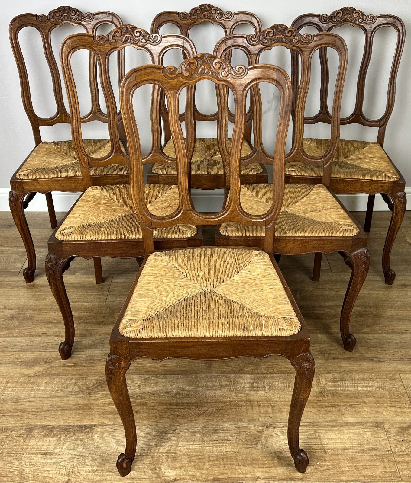 Dining Chairs Vintage French Louis Style Oak Rush Seat Set of 6 Chairs LOT 63481