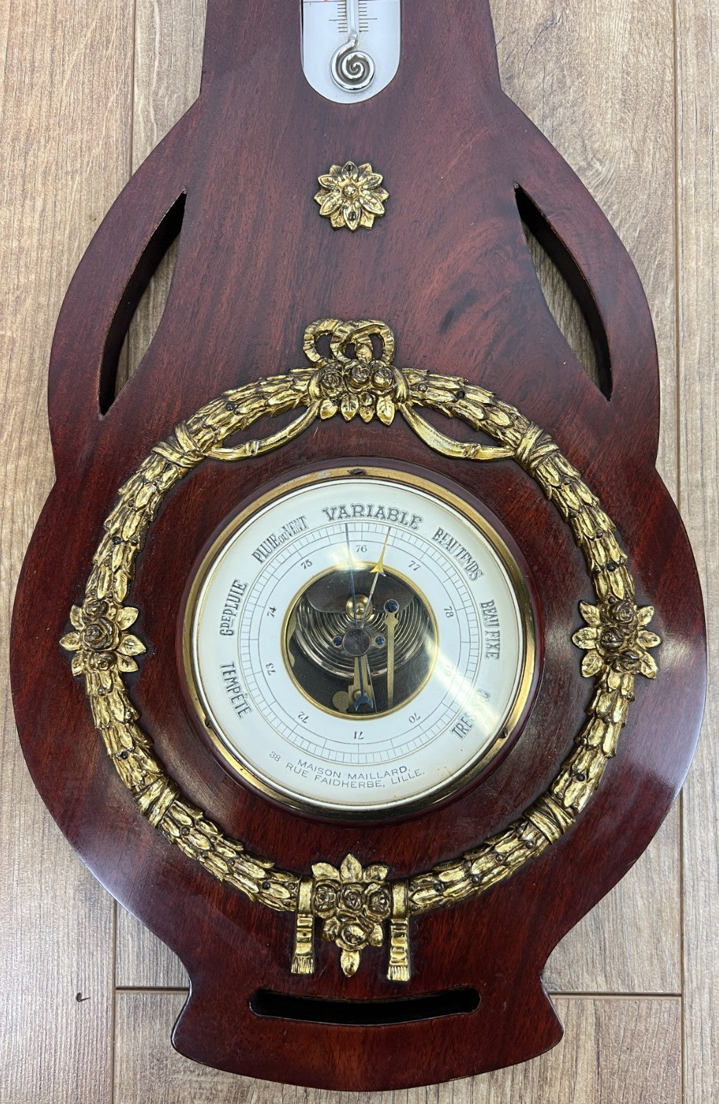 Barometer Vintage Brass Mahogany Wall Barometer Thermometer Hygrometer LOT 60865