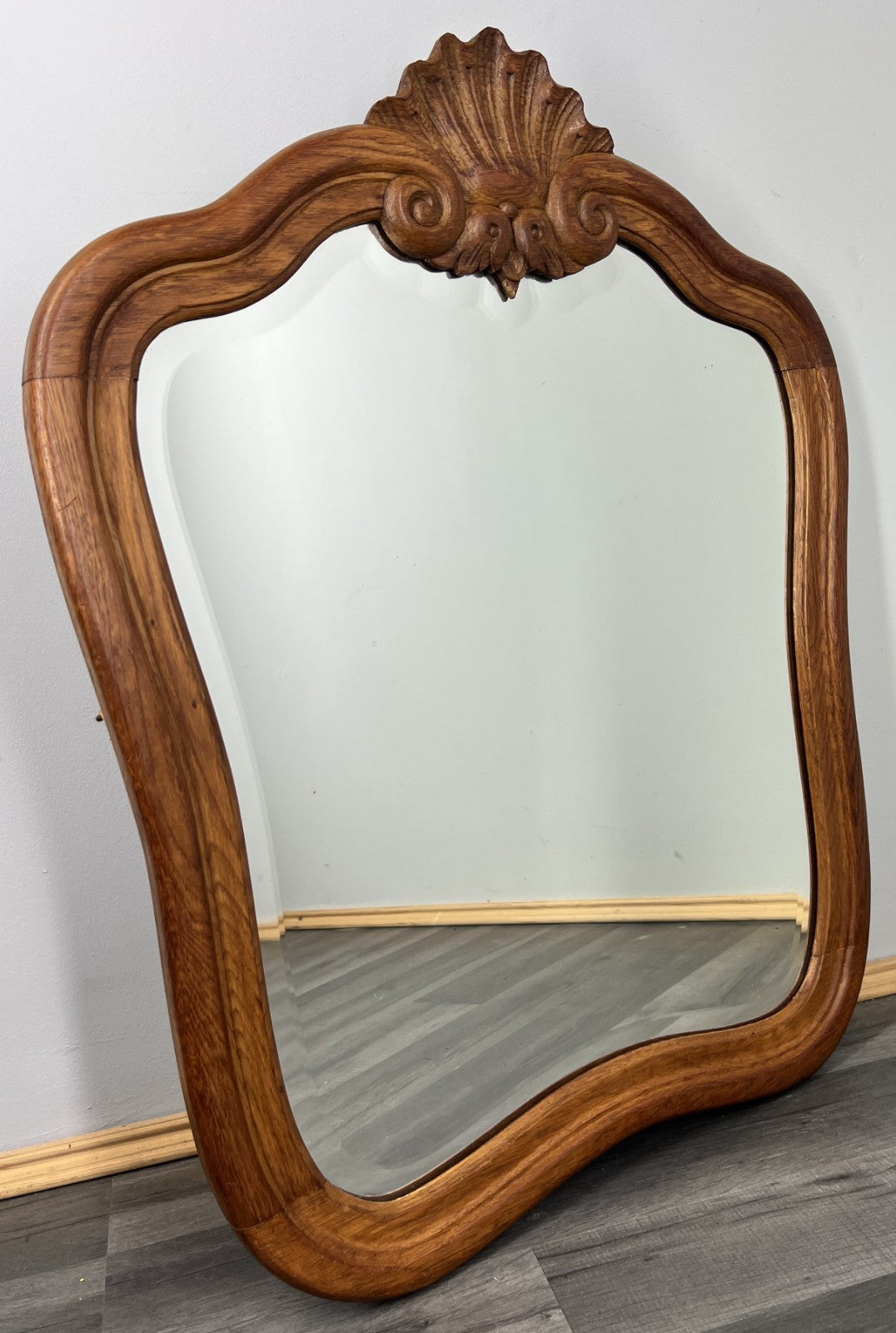 Vintage French Oak Wall Mirror with Ornate Shell Crest Wall Decor LOT 43850