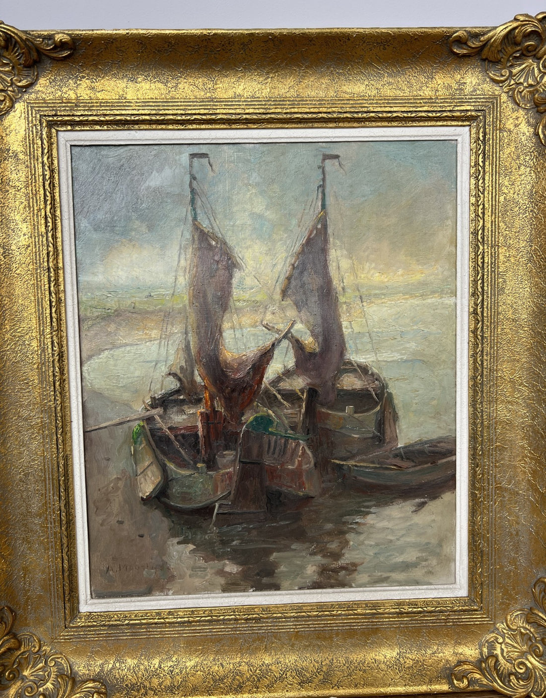 Oil Painting Vintage French Style Signed Coastal Boats Artwork Framed LOT 49420