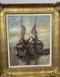 Oil Painting Vintage French Style Signed Coastal Boats Artwork Framed LOT 49421