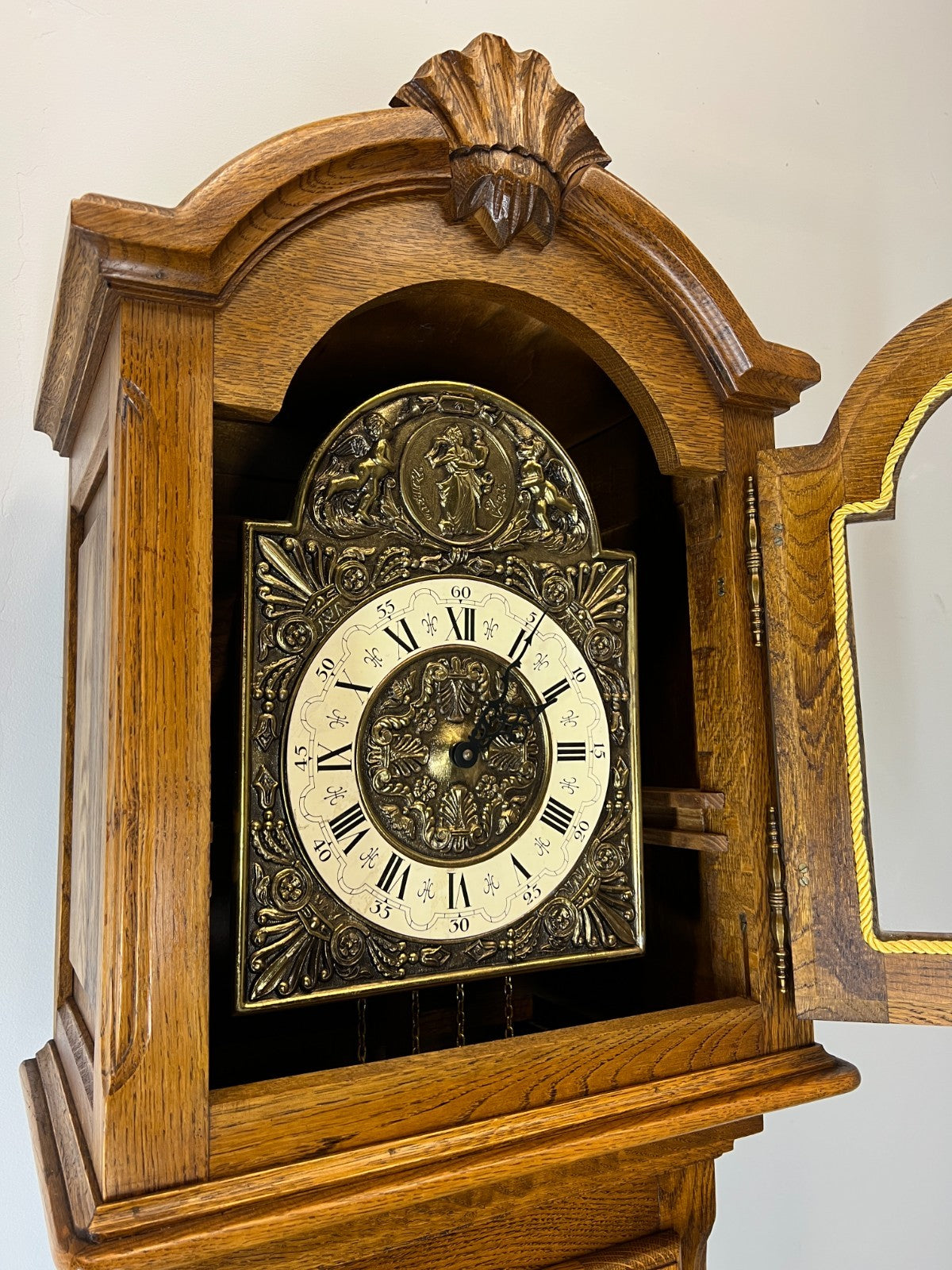 Clock Vintage French Louis Oak Longcase Grandfather Brass Dial Weights LOT 44709