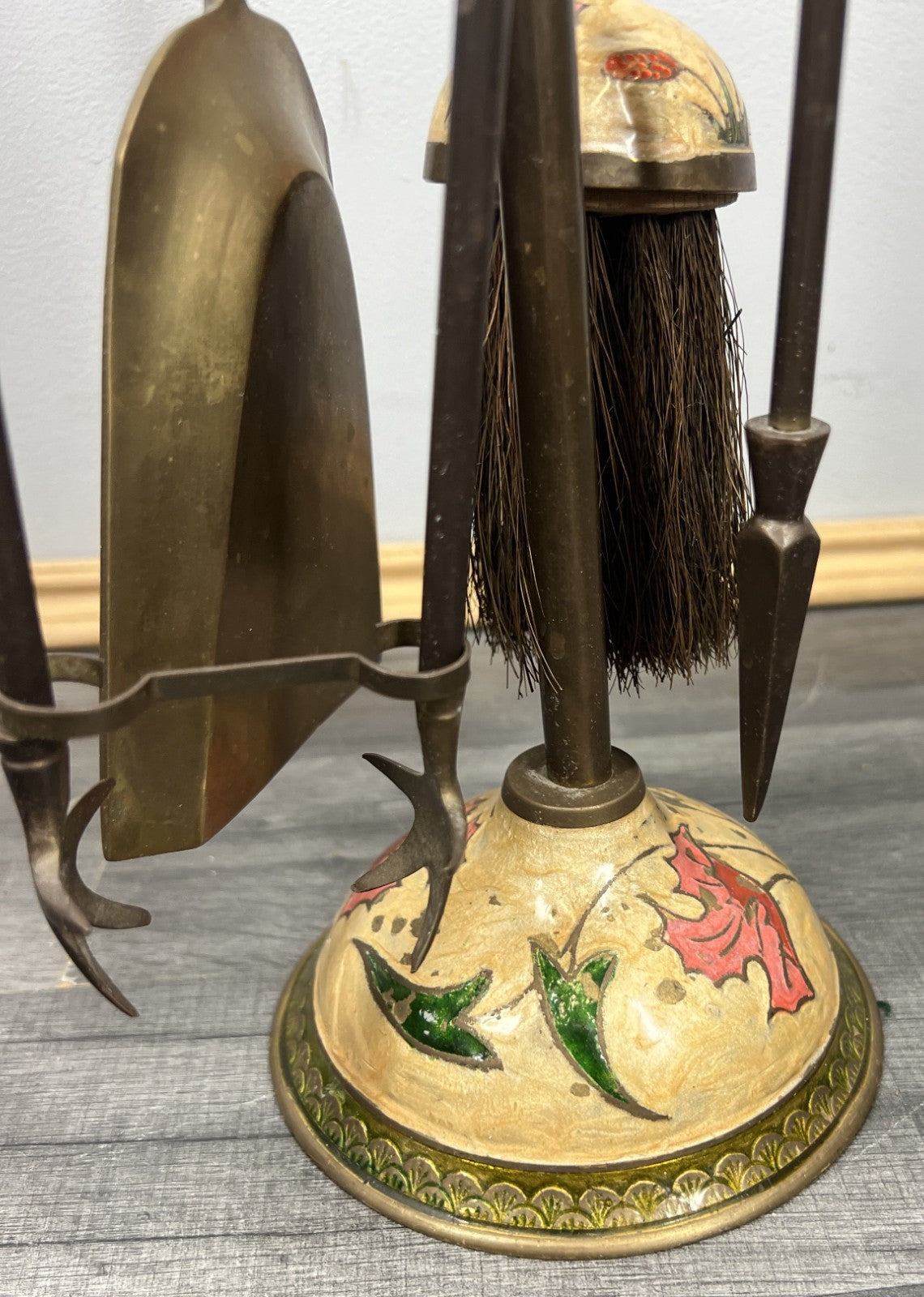 Fireplace Set Vintage French Hand Painted 5-Piece Brass Tool Stand LOT 44166