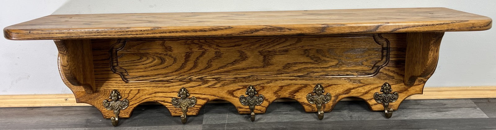 French Vintage Style Coat Rack Oak 5 Hooks Ornate Wall Shelf Coat LOT 47232