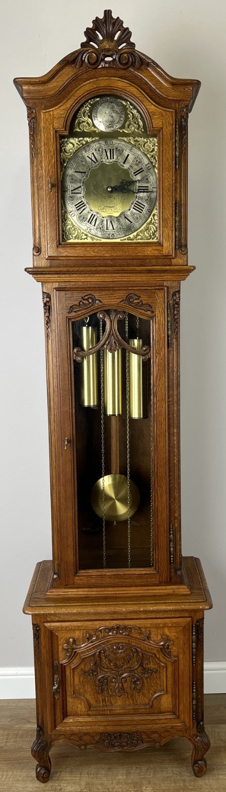 Grandfather Clock Vintage French Style Oak Carved Decorative Clock LOT 60950
