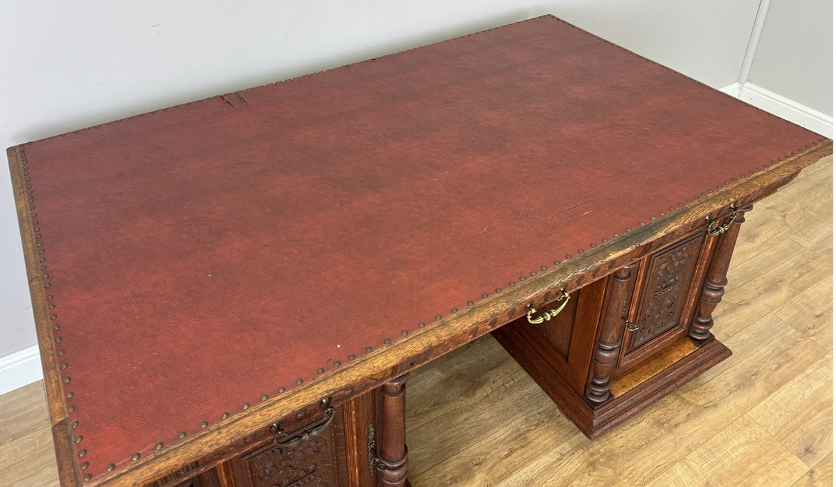 Desk Antique French Style Oak Double Sided Carved Pedestal Desk LOT 6514