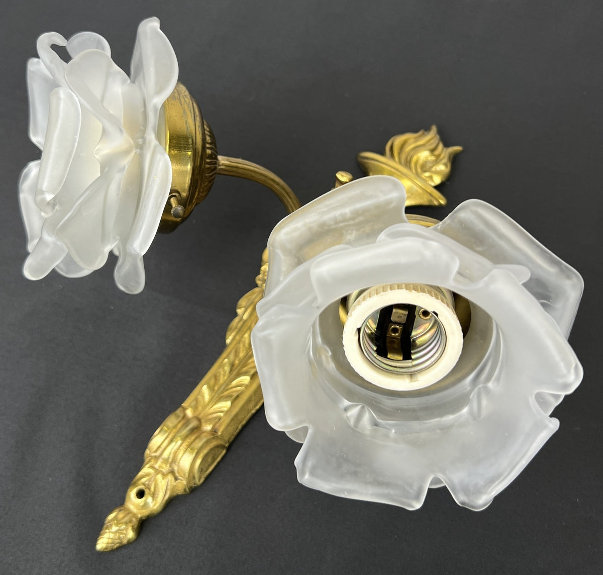 Pair of Wall Lights Vintage French Ornate Double Arm Glass Sconces LOT 6477