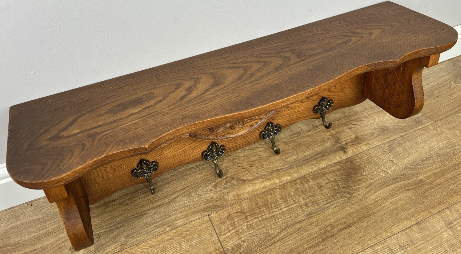Coat Rack Vintage French Oak Wall Mounted 4 Hooks Carved Rack Hanger LOT 62937