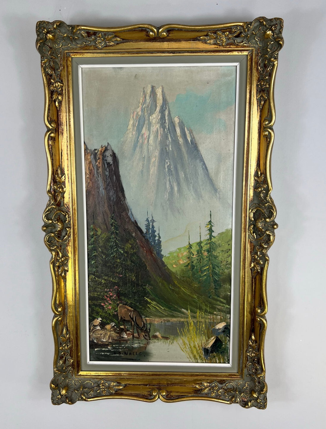 Painting Vintage Oil Landscape Mountain Deer Signed Framed Carved LOT 51130