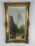 Painting Vintage Oil Landscape Mountain Deer Signed Framed Carved LOT 51131