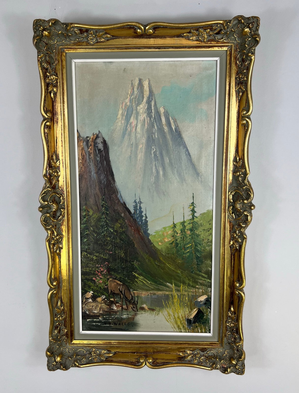 Painting Vintage Oil Landscape Mountain Deer Signed Framed Carved LOT 51131