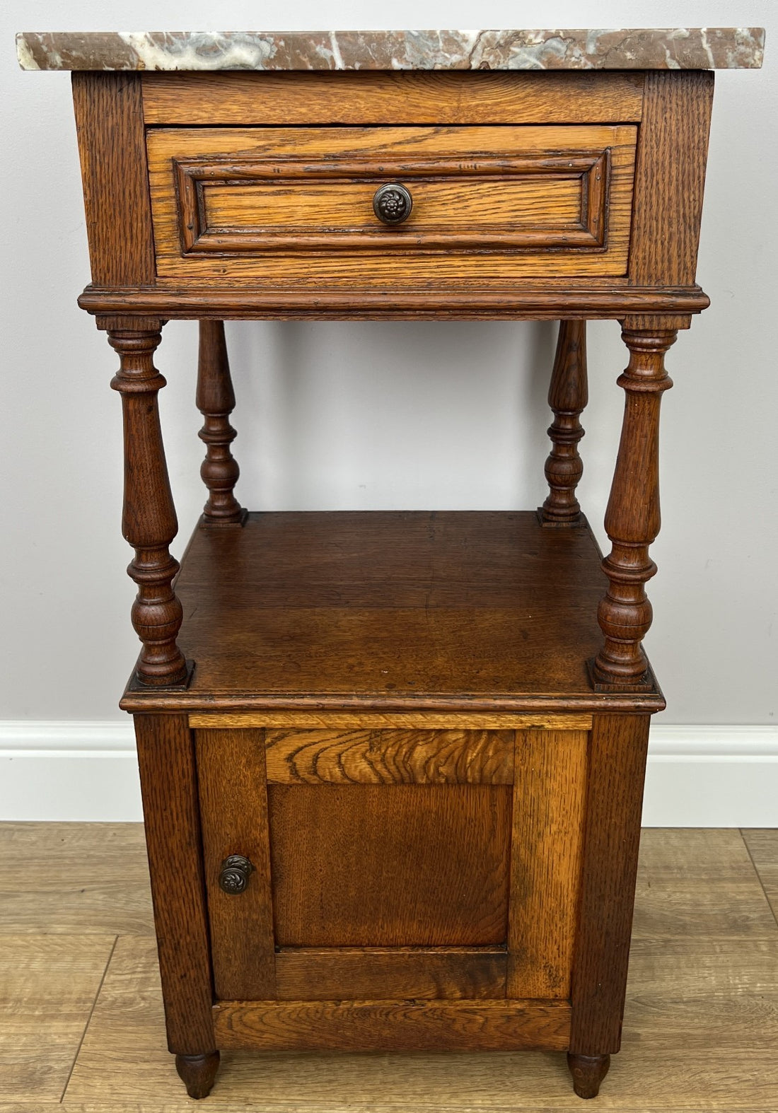 Bedside Table Antique French Style Marble Top Oak Cabinet Nightstand LOT 62430