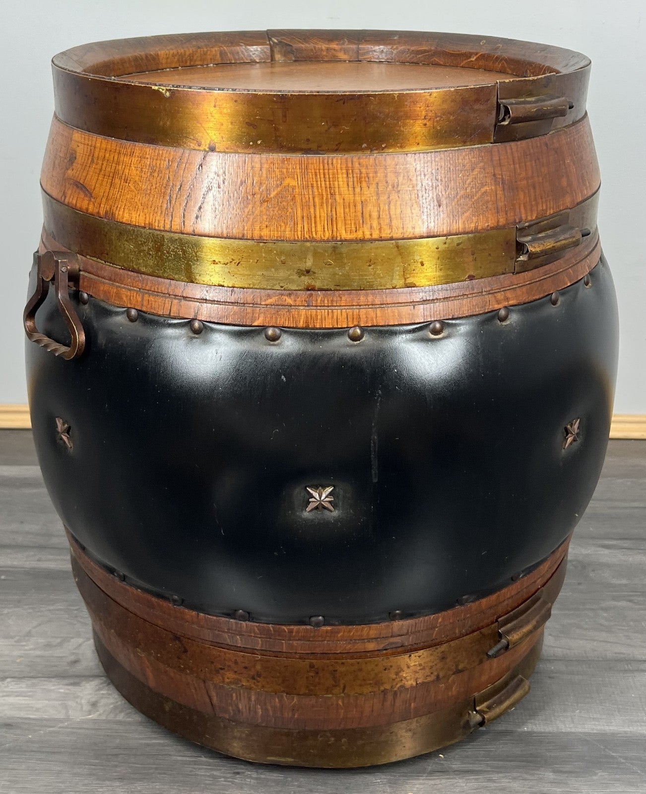 Drink Cabinet Vintage French Style Oak Brass Trim Barrel Carved Storage LOT 39003