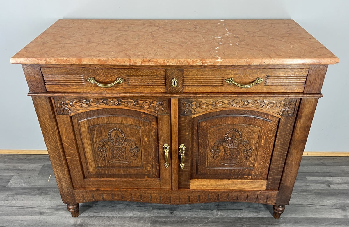 Cabinet Antique French Marble Top Oak Carved with Drawers Sideboard LOT 4070