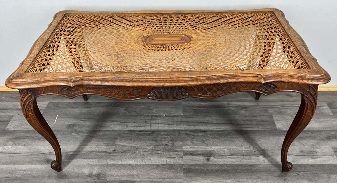 Coffee Table Vintage French Louis XV Cane Top Oak Carved Table LOT 38610