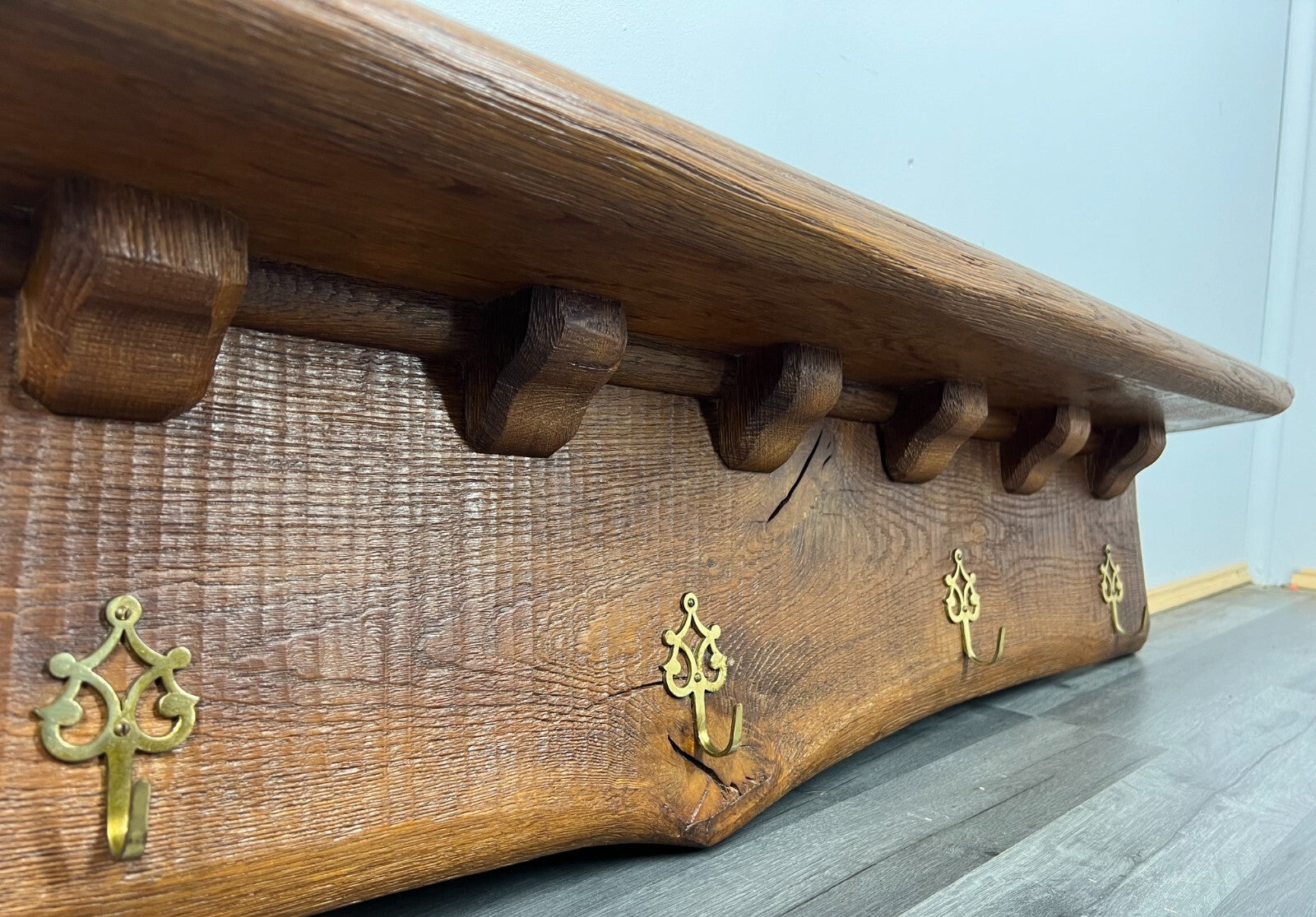 Coat Rack Antique French Oak 4 Hooks Wall Mounted Carved Rack LOT 28373