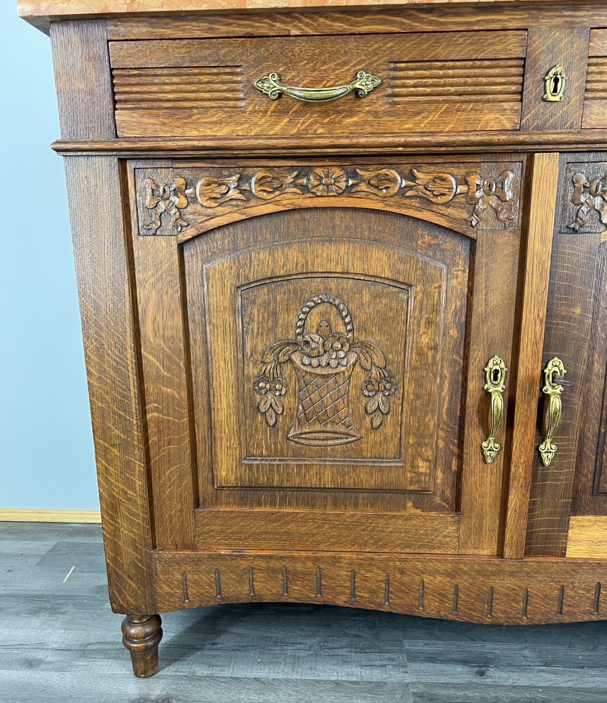 Cabinet Antique French Marble Top Oak Carved with Drawers Sideboard LOT 4070