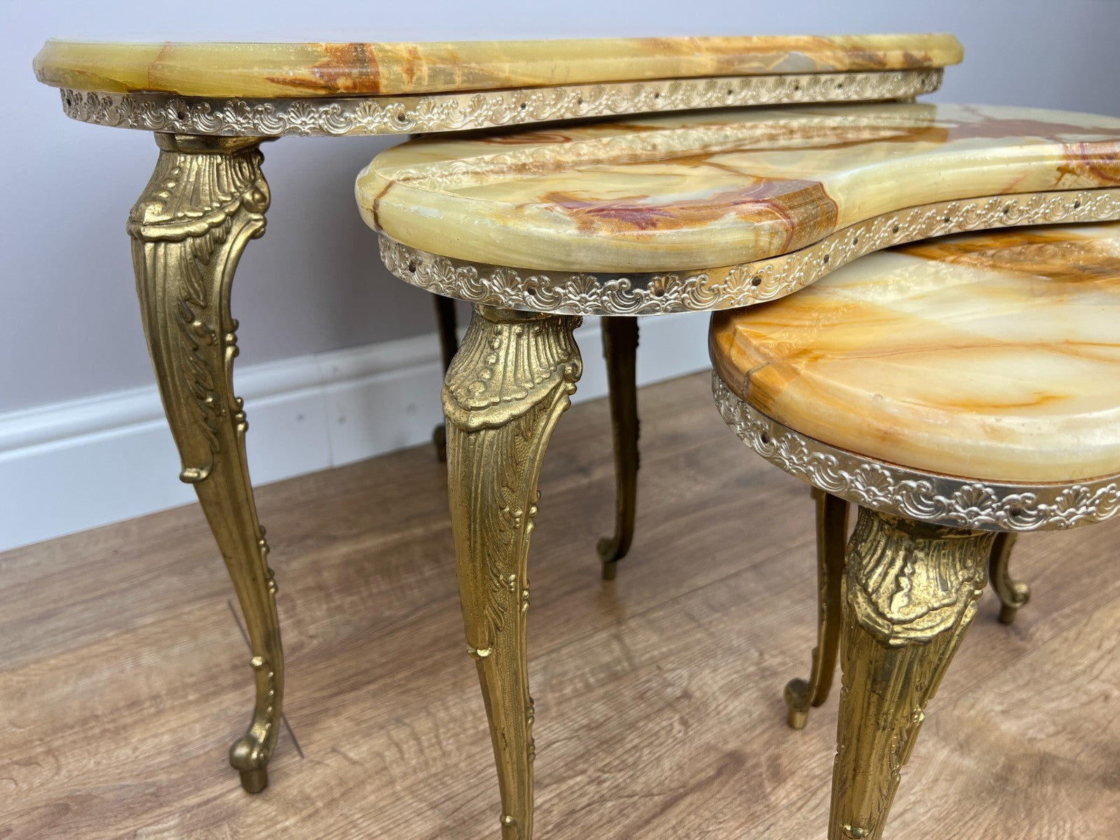 Nested Tables Vintage French Marble Onyx Brass Tables Set LOT 49705